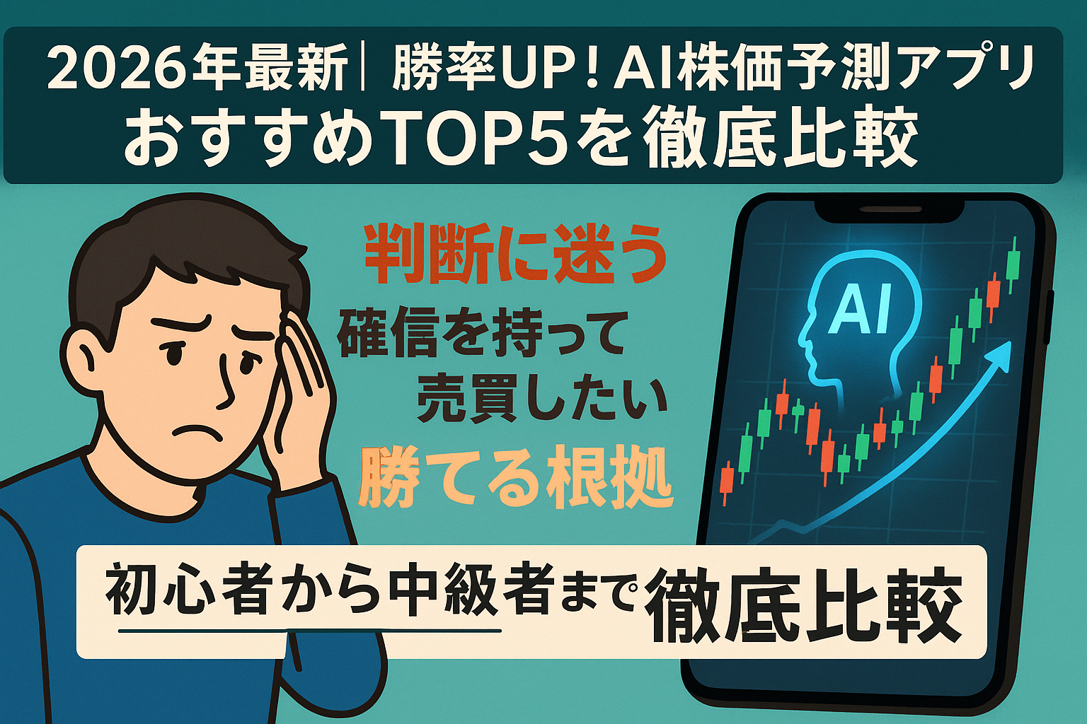 AI株価予測アプリ2026年版の特集をイメージした横長バナー。悩む投資家と、AIが分析した上昇トレンドのチャートを表示するスマートフォンのイラスト。